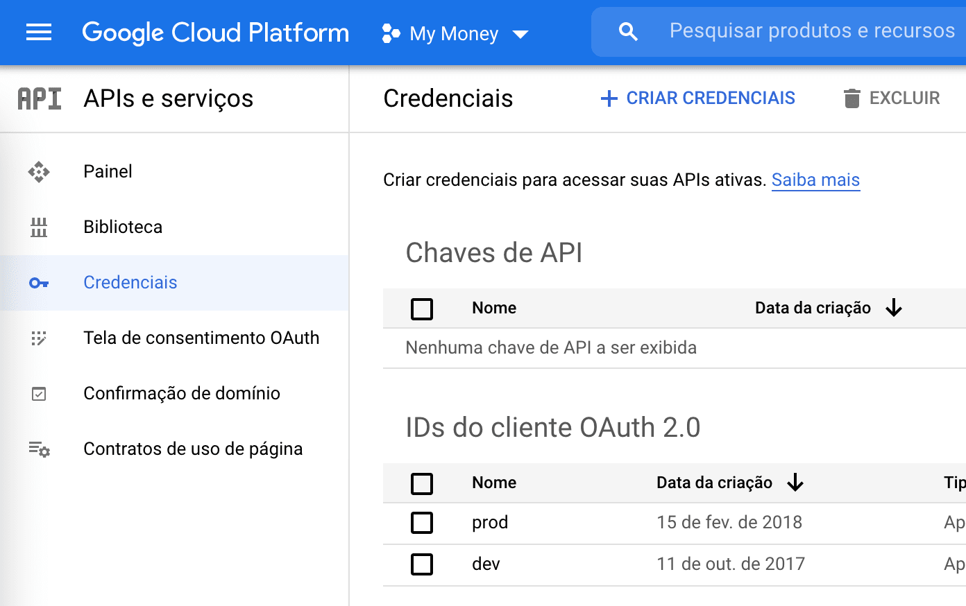 Credenciais no Google Cloud